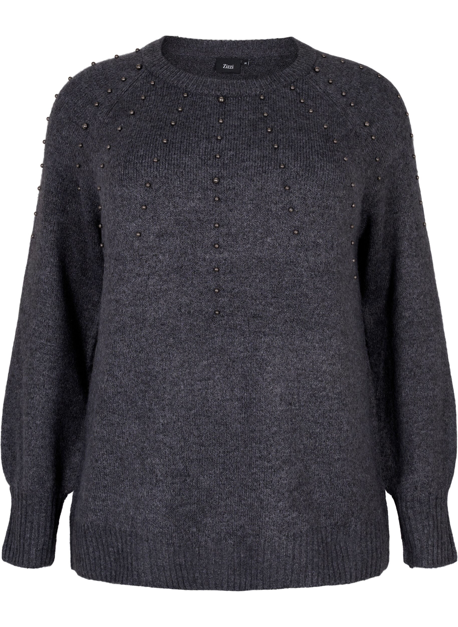 Zizzi Gebreide blouse met parels, Dark Grey Melange, Packshot image number 0