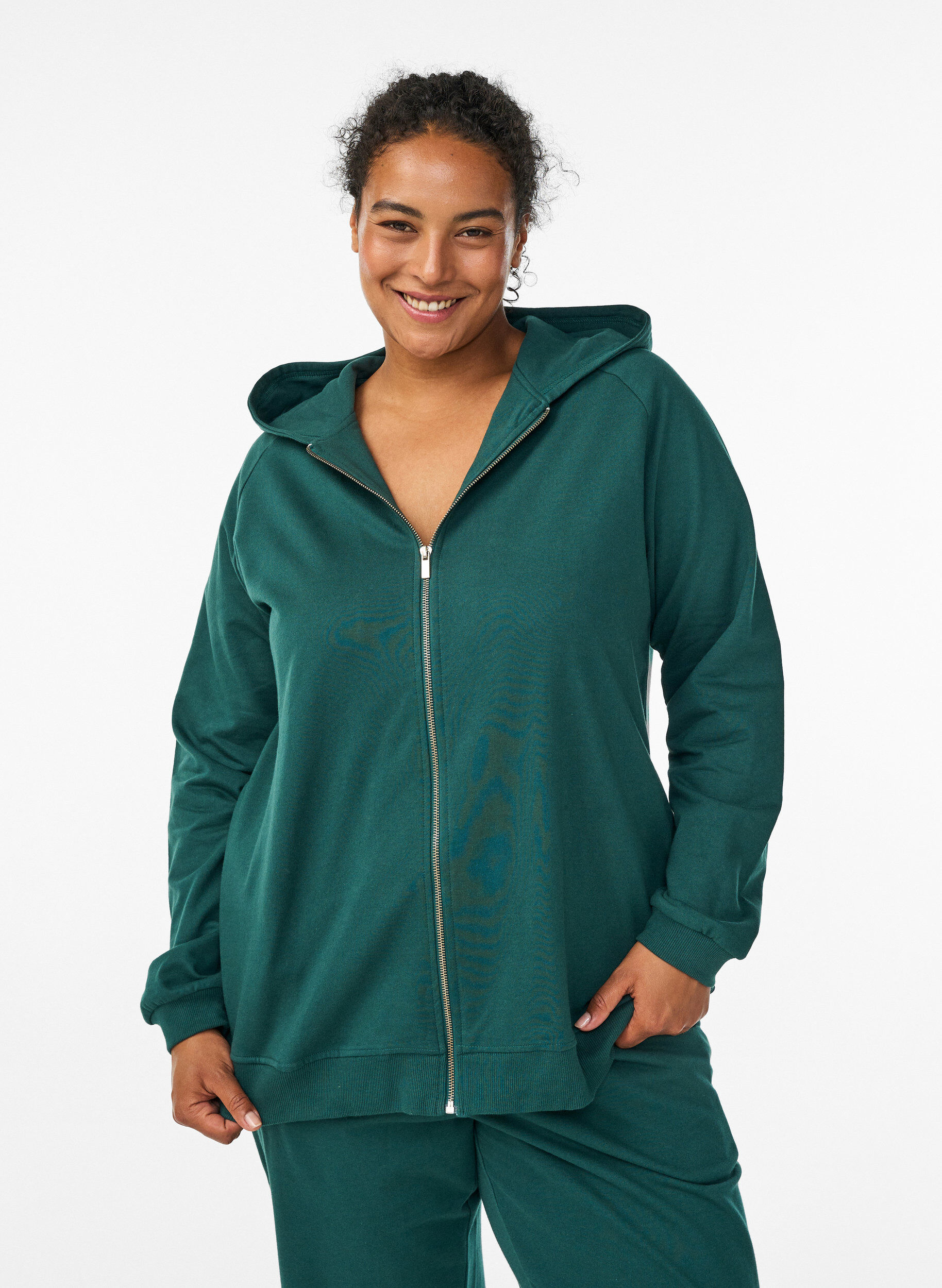 Hoodie met ritssluiting en achterkant print, Groen, Model