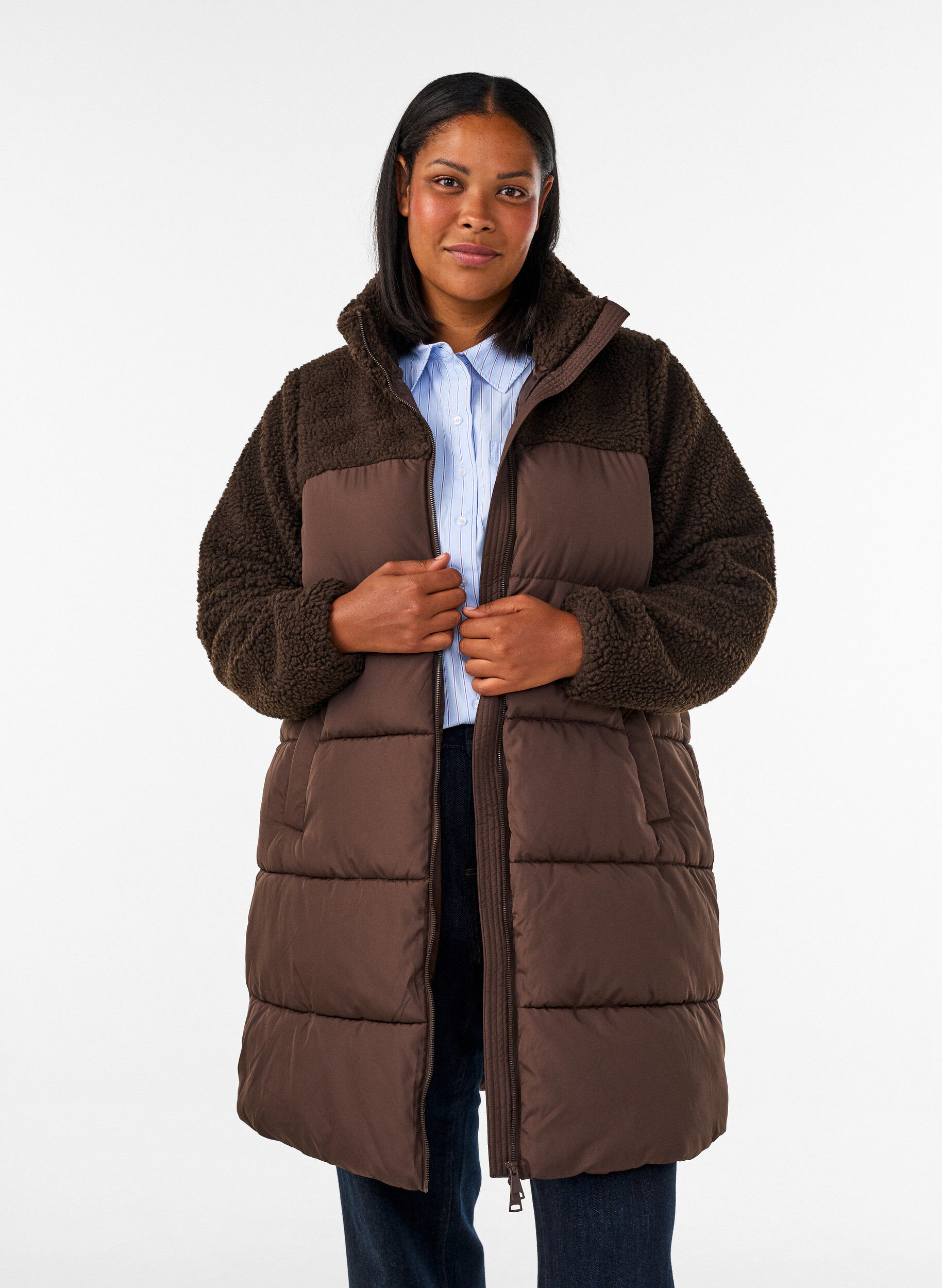 ZizziHalflange pufferjas met teddystof, Bruin, Model image number 0