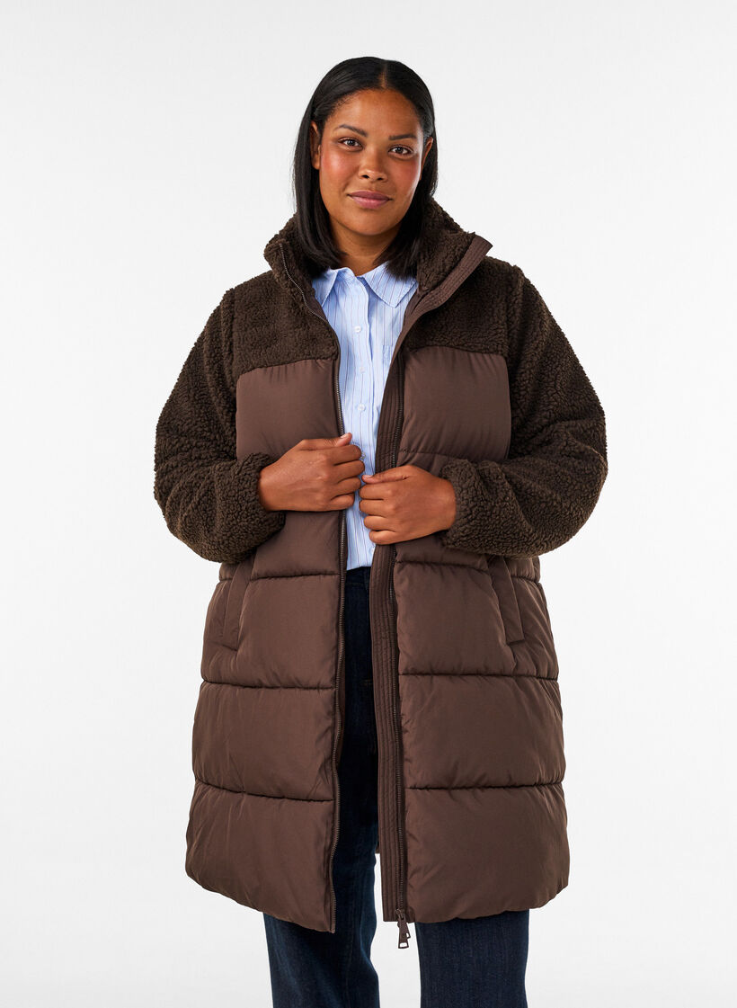 Halflange pufferjas met teddystof, Bruin, Model image number 0