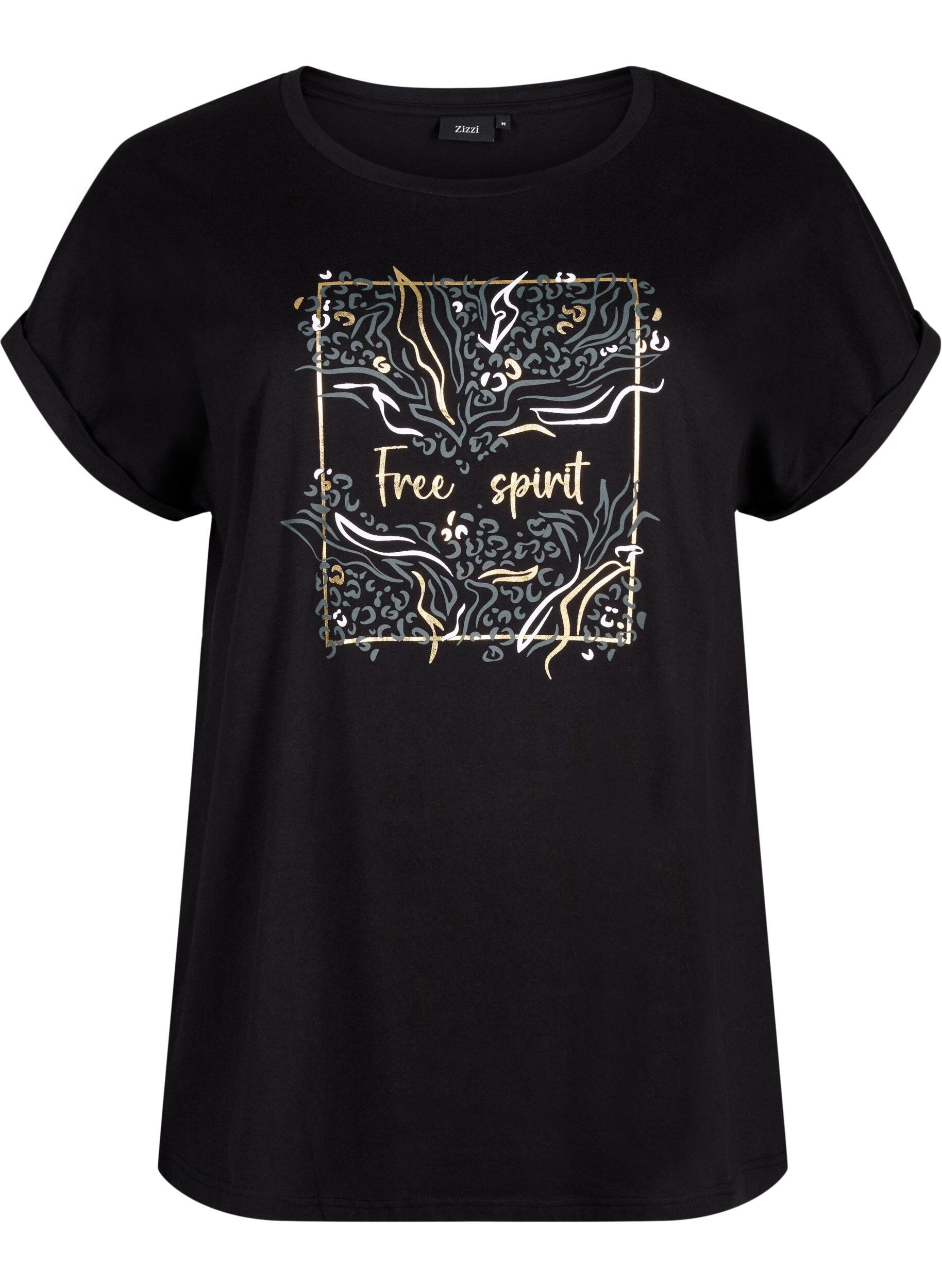 Zizzi T-shirt van biologisch katoen met gouden opdruk, Black W. Free, Packshot image number 0