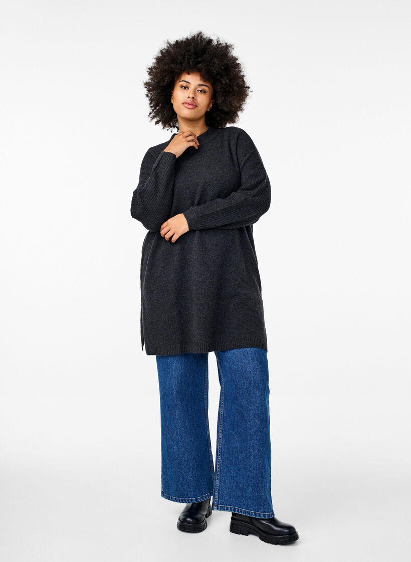 Lange gebreide blouse met lange mouwen, Dark Grey Melange, Model image number 2