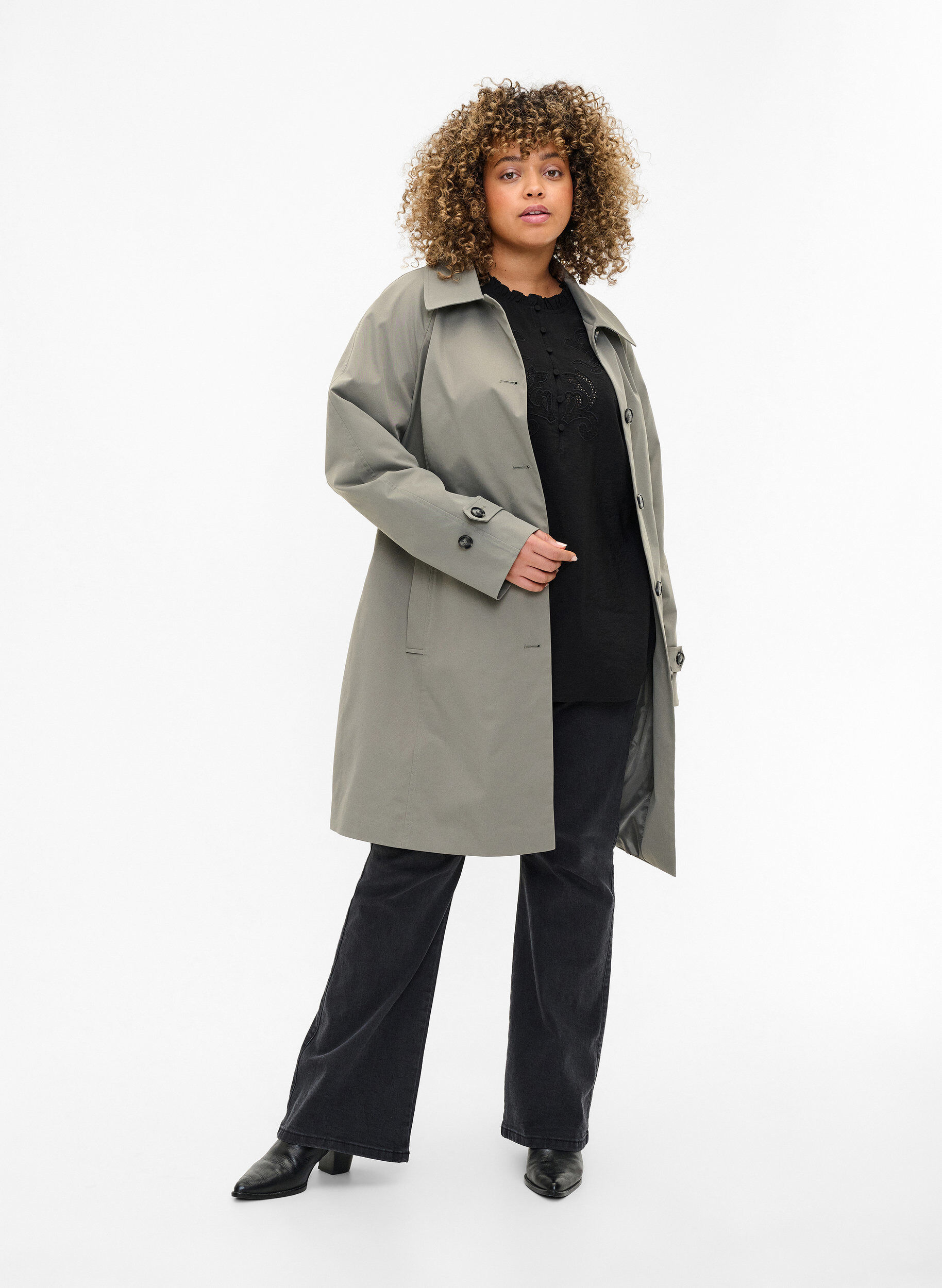 Zizzi Trenchcoat met zakken en riem, Sea Spray, Model image number 3