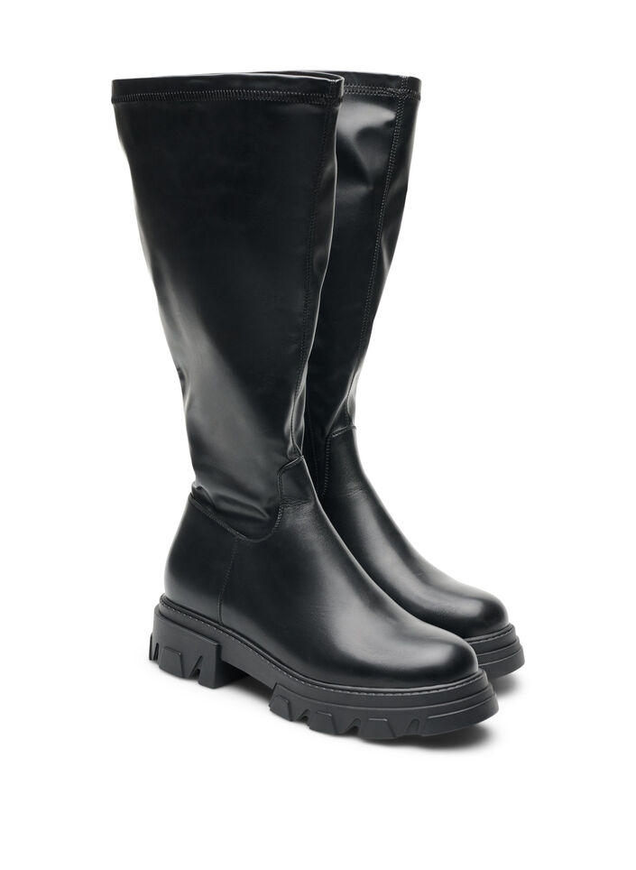 Lange laars van imitatieleer met een grove zool, Zwart, Packshot image number 1
