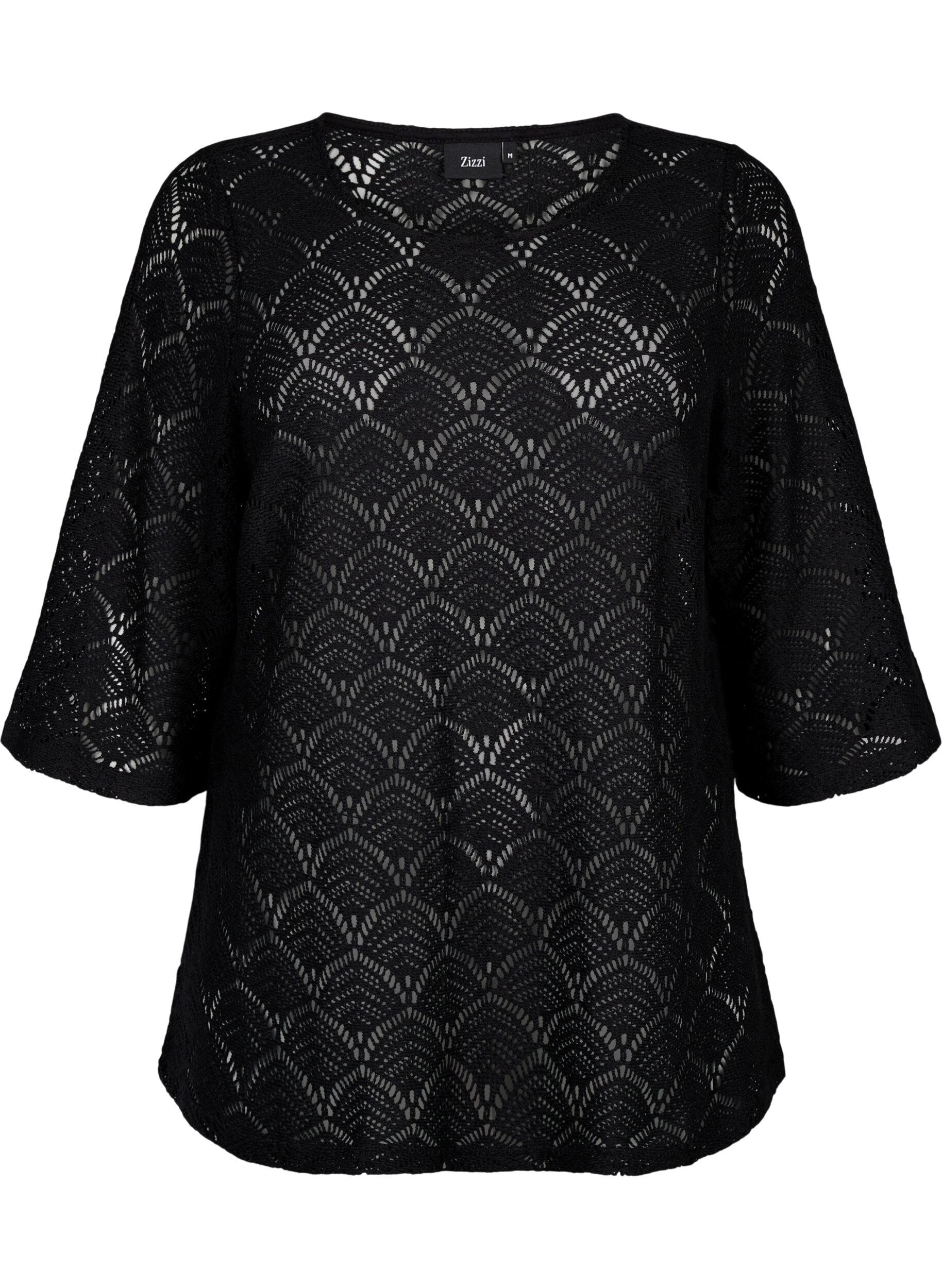Zizzi Crochet Blouse met 3/4 mouw, Black, Packshot image number 0