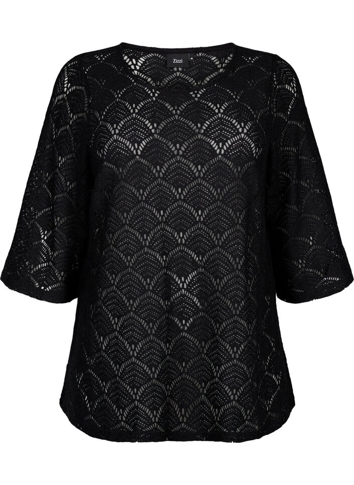Crochet Blouse met 3/4 mouw, Black, Packshot image number 0