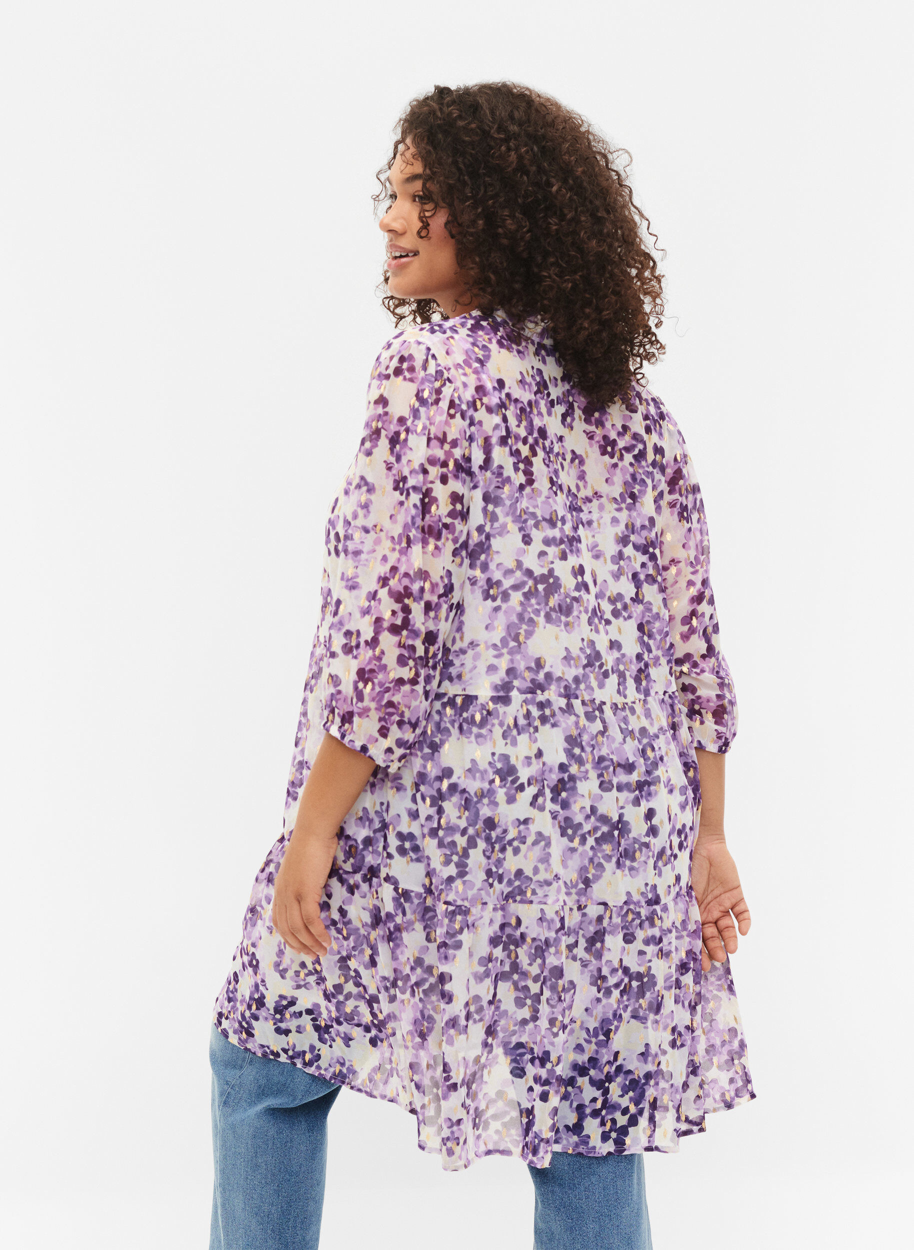 Zizzi Tuniek met bloemenprint en lurex, Beige/Purple Flower, Model image number 1