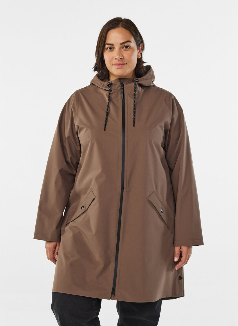 Regenjas met zakken en capuchon, Bruin, Model image number 0