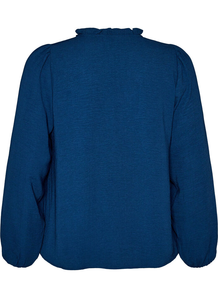 Blouse met V-hals en gehaakte sierband, Blauw, Packshot image number 1