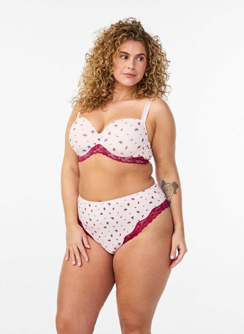 Brazilian slip met bloemenprint en kant, Roze, Model image number 1