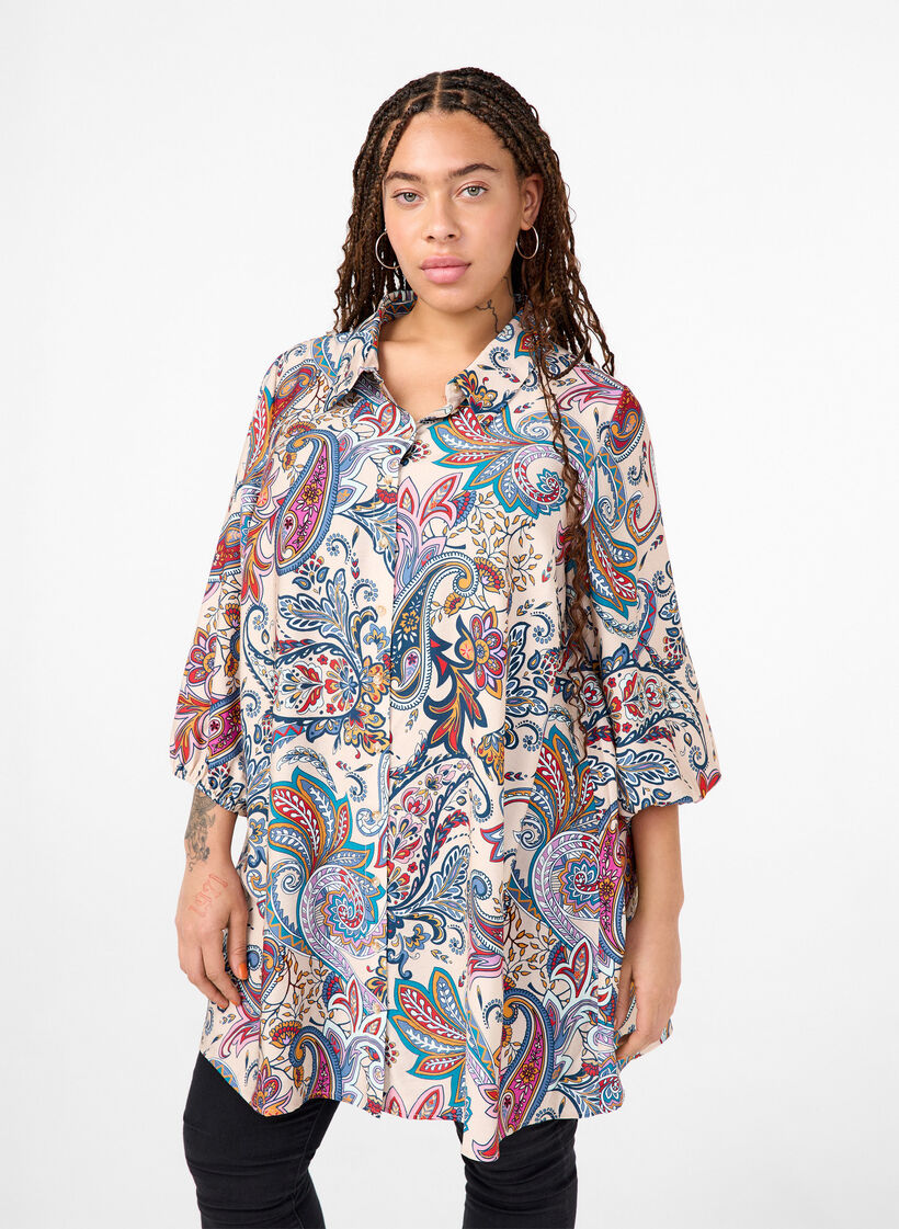 Viscose tuniek met 3/4-mouwen en paisley print, Sand Do. Paisley AOP, Model image number 0