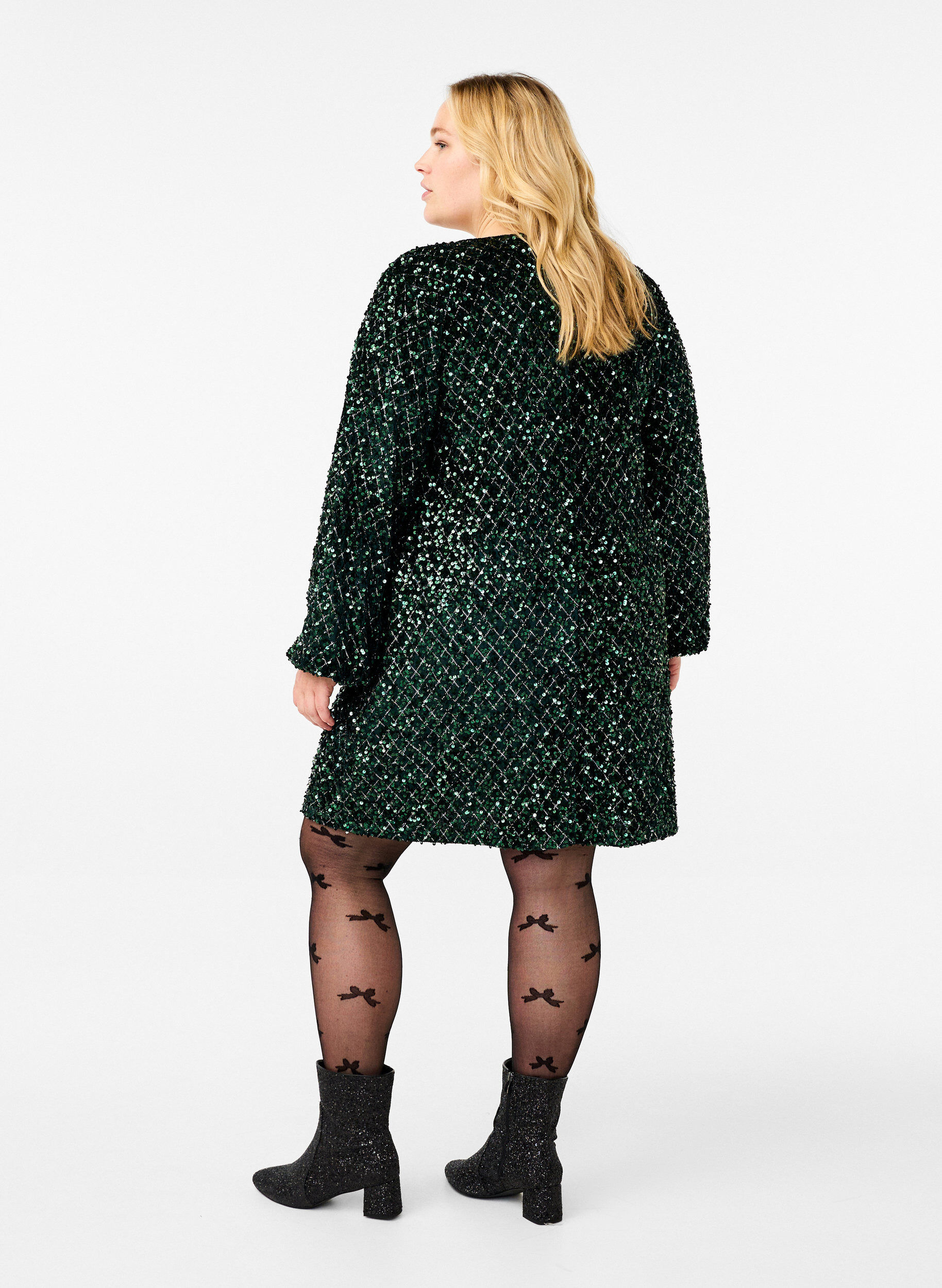 Zizzi Paillettenjurk met een V-hals en ruitjespatroon, Rain Forest Sequins, Model image number 1