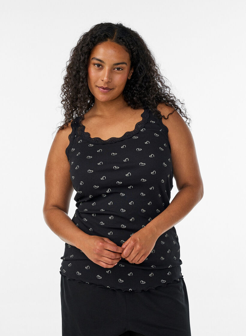 Top met print en kanten rand, Zwart, Model image number 0