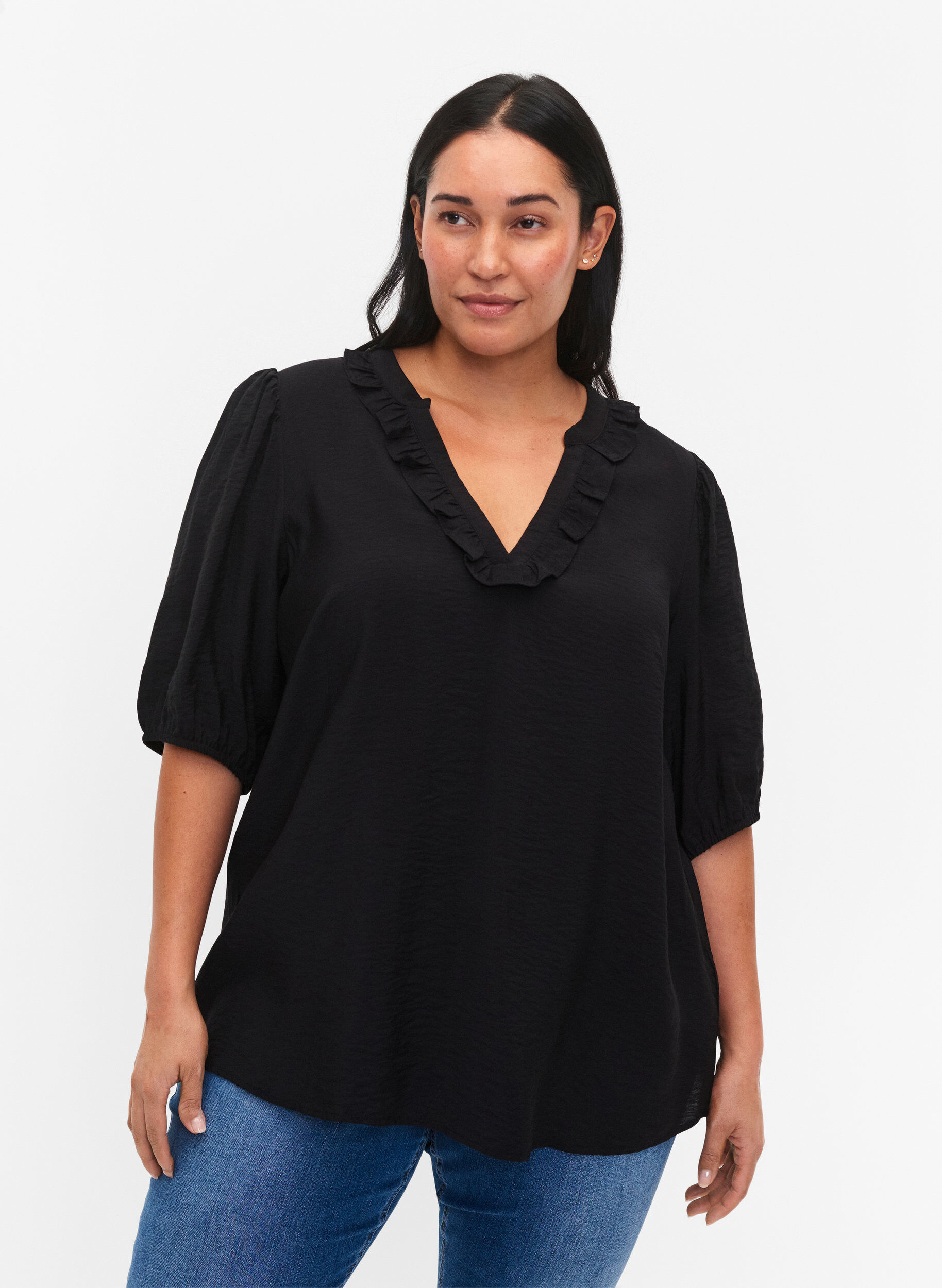 Zizzi Viscose blouse met pofmouwen en ruches, Black, Model image number 0