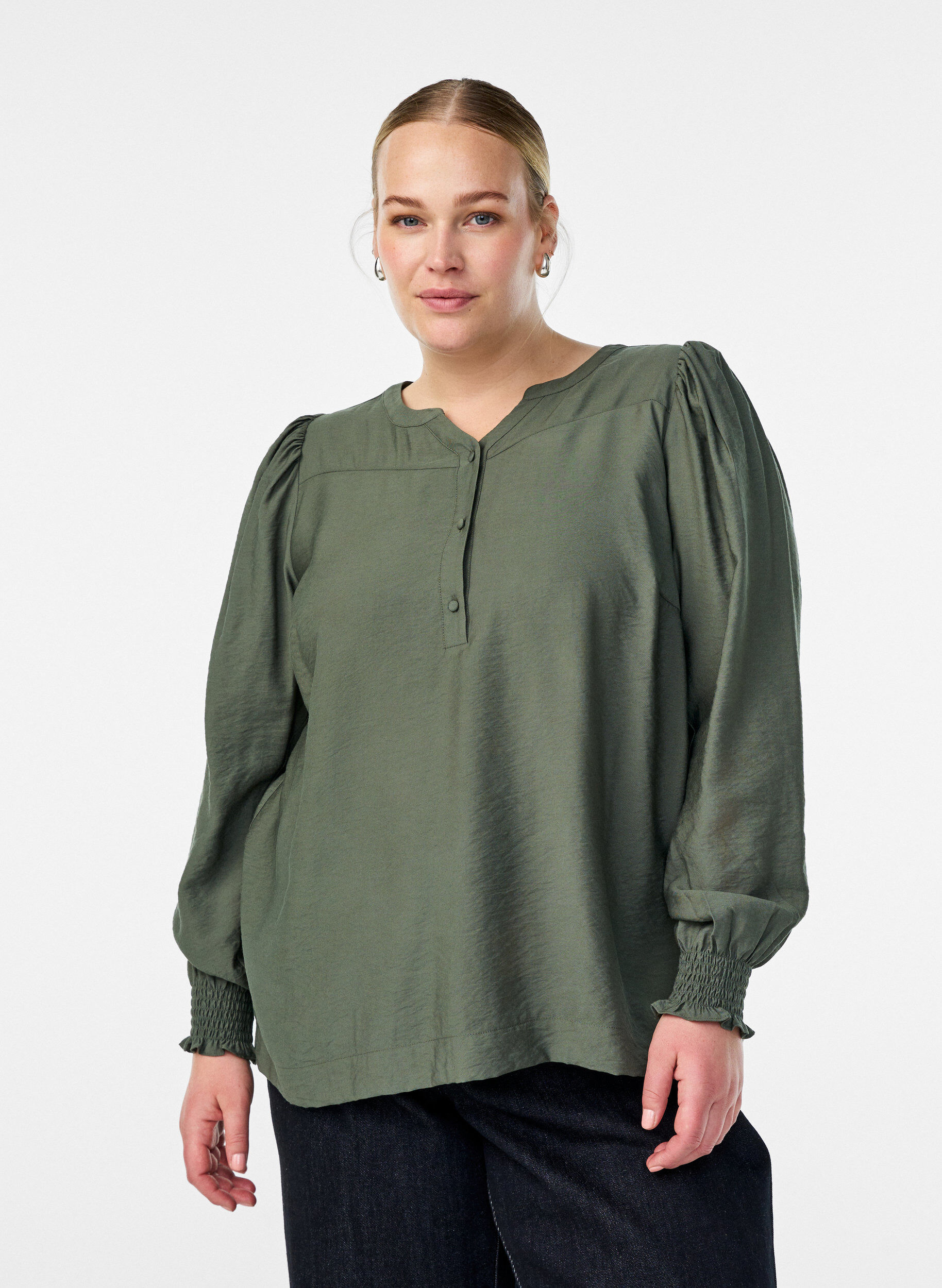 Viscose blouse met smock en geplooide details, Groen, Model