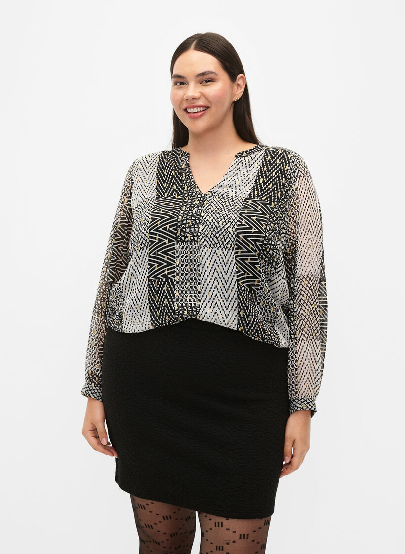 Bedrukte blouse met V-halslijn, Zwart, Model image number 0