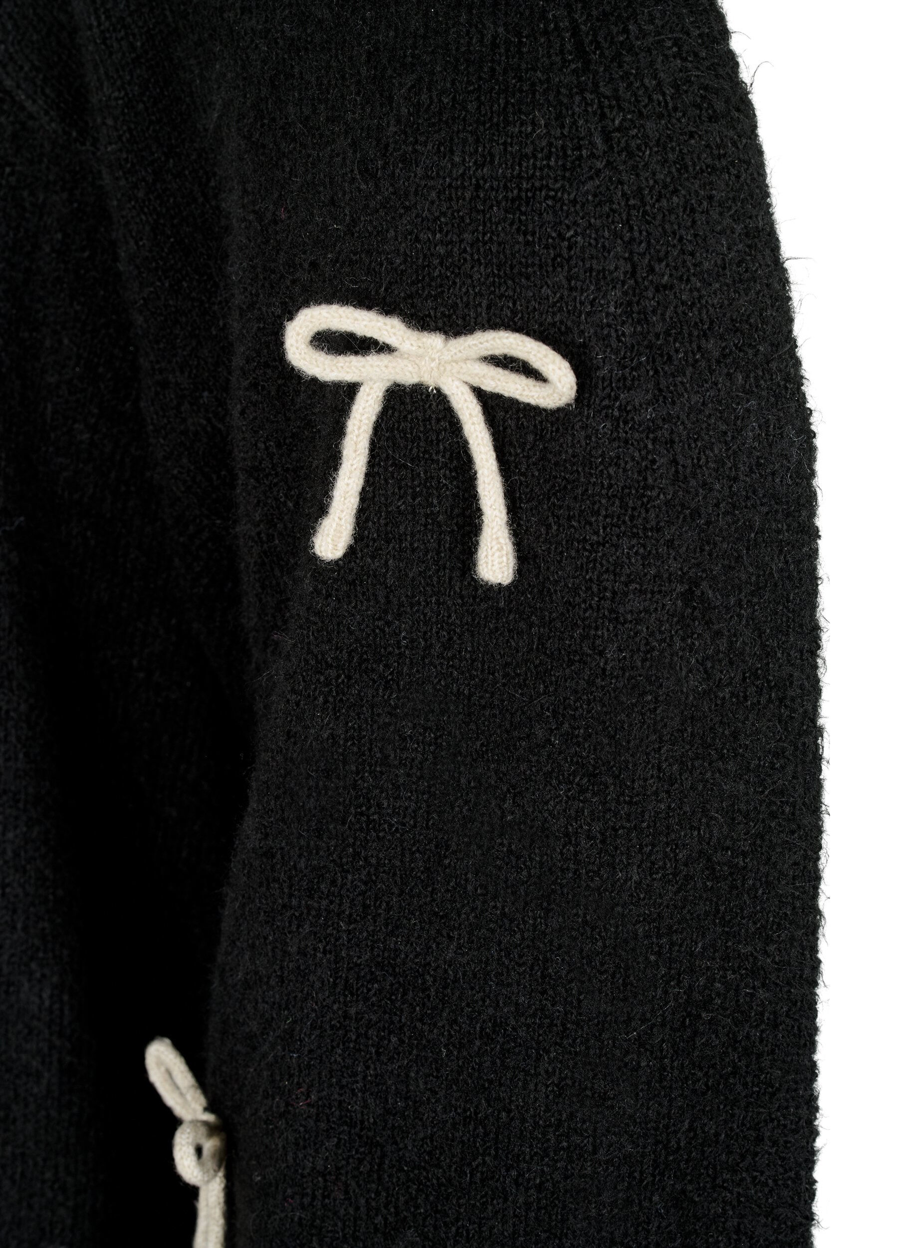 Zizzi Korte gebreide cardigan met strikken, Black Comb, Packshot image number 2