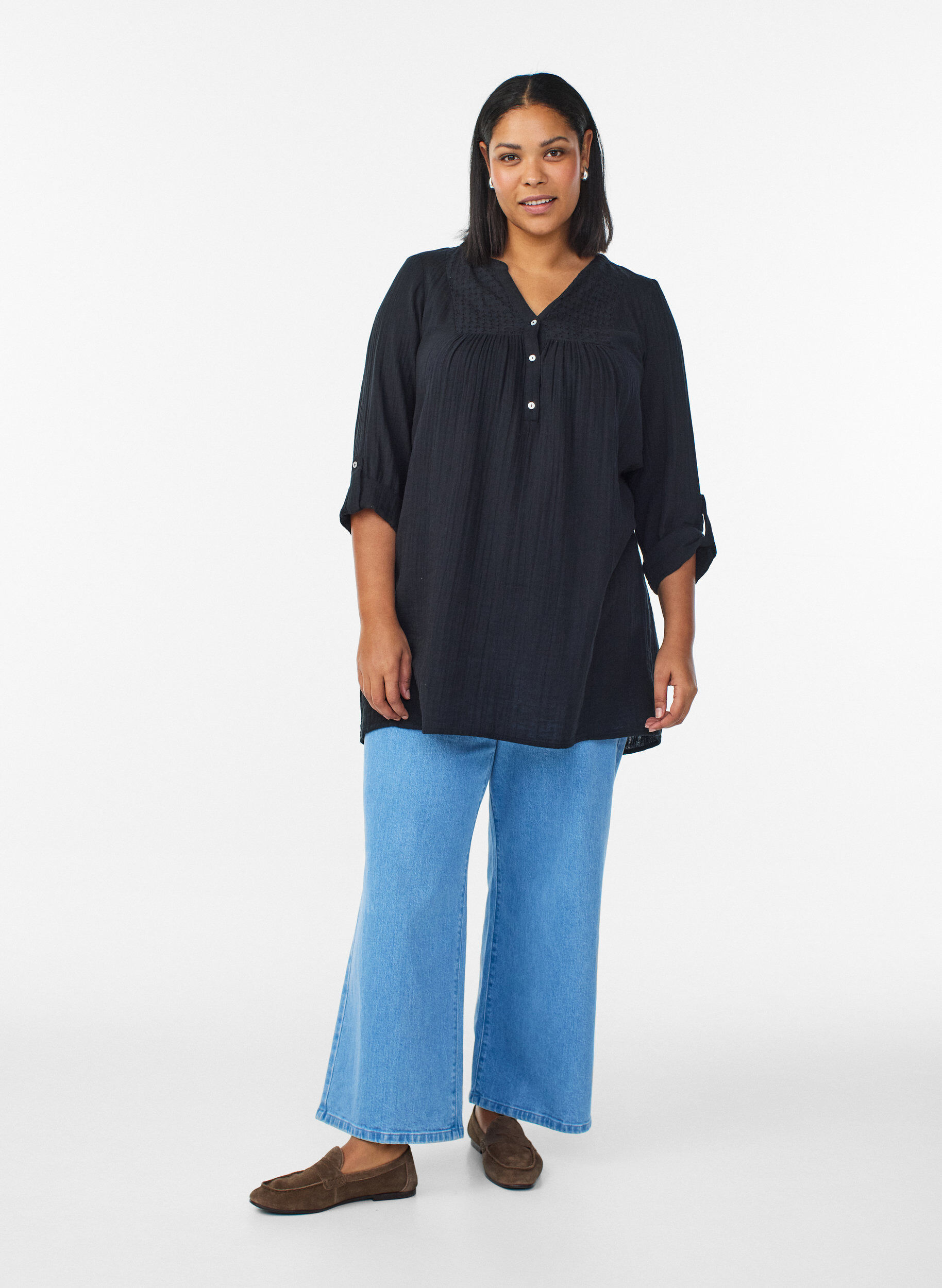 Zizzi Katoenen mousseline tuniek met broderie anglaise, Zwart, Model image number 1