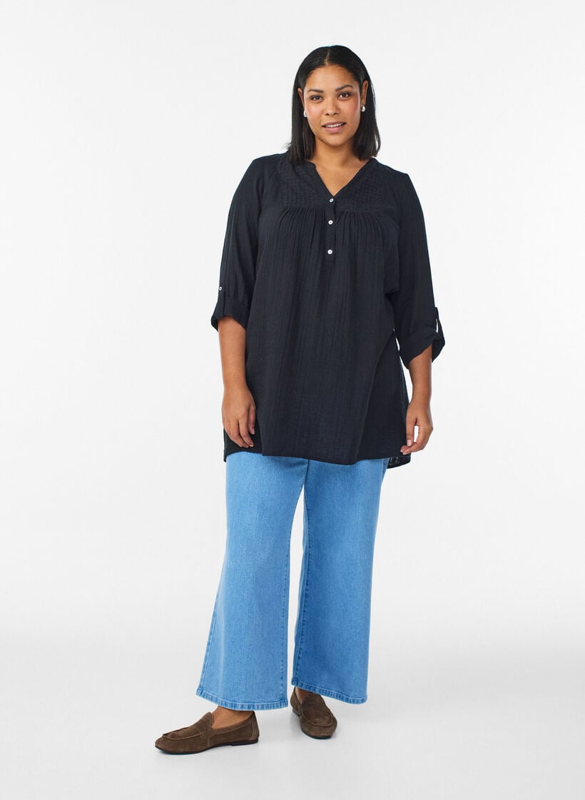 Katoenen mousseline tuniek met broderie anglaise, Zwart, Model image number 1