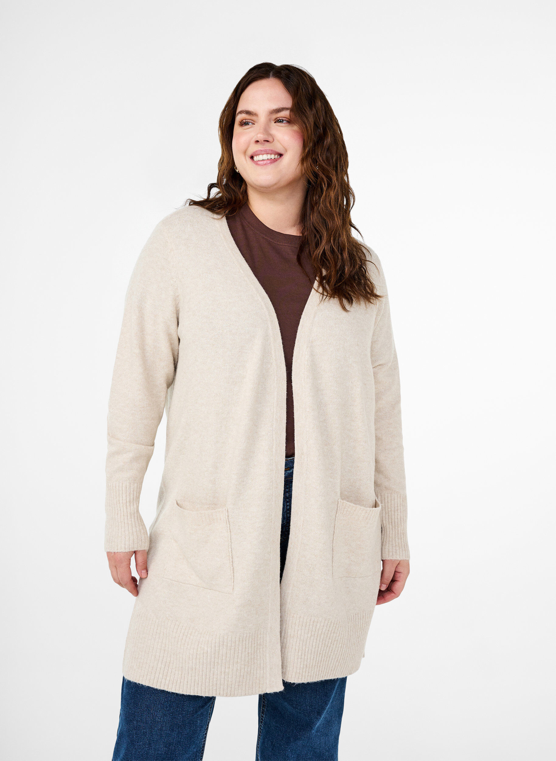 Zizzi Geribd gebreid vest met zakken, Beige, Model image number 0