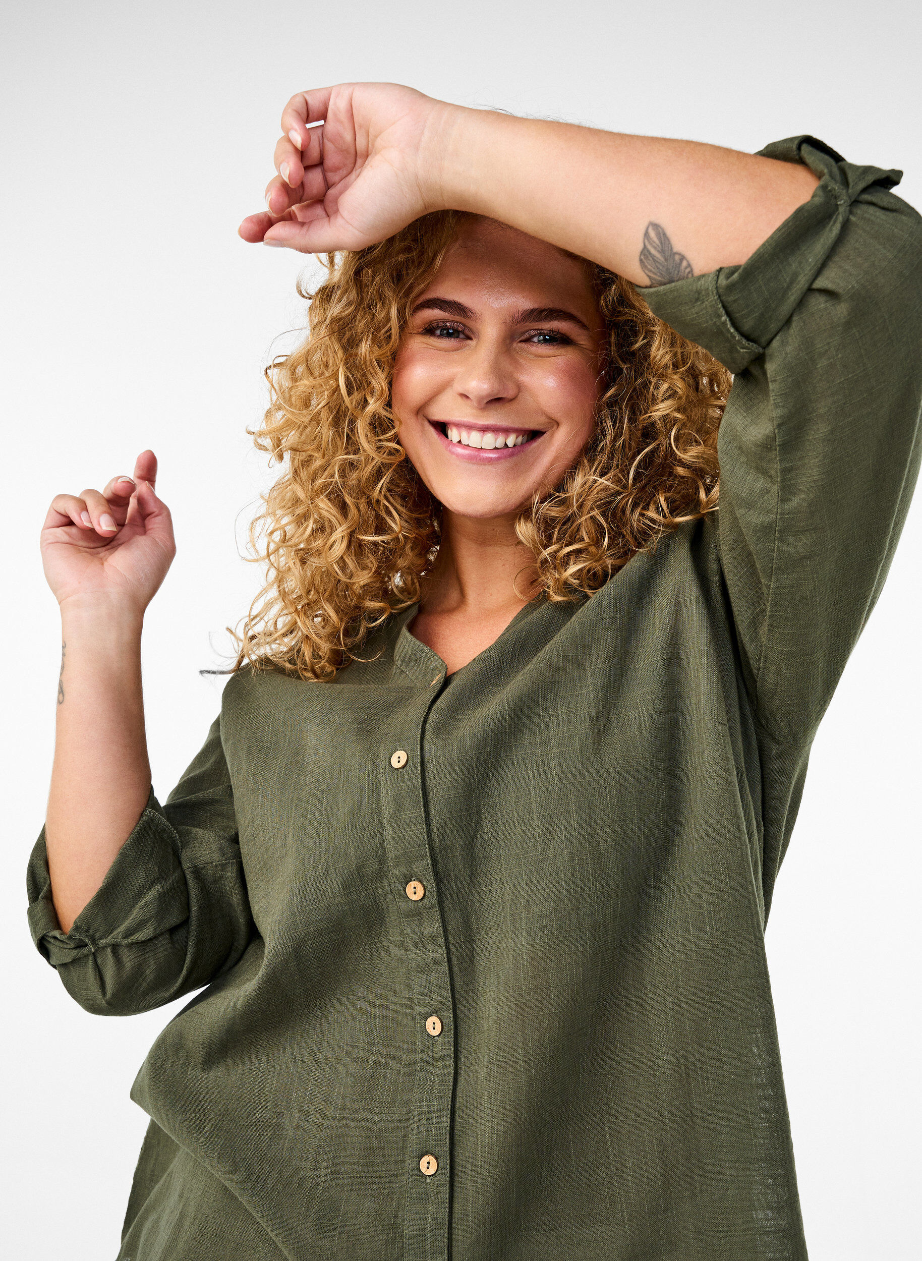 Zizzi Katoenen blouse met een V-hals, Groen, Image image number 0