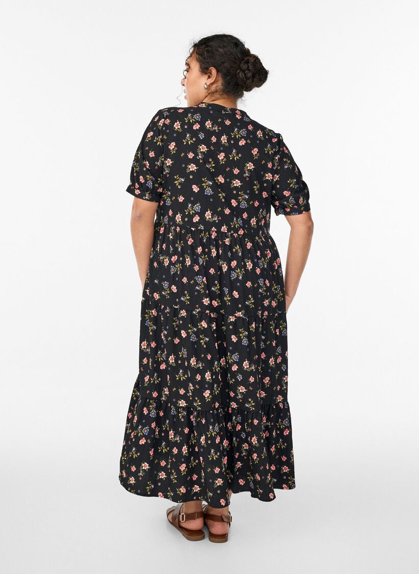 Enkellange jurk met korte mouwen en gelaagde ruches, Zwart, Model image number 1