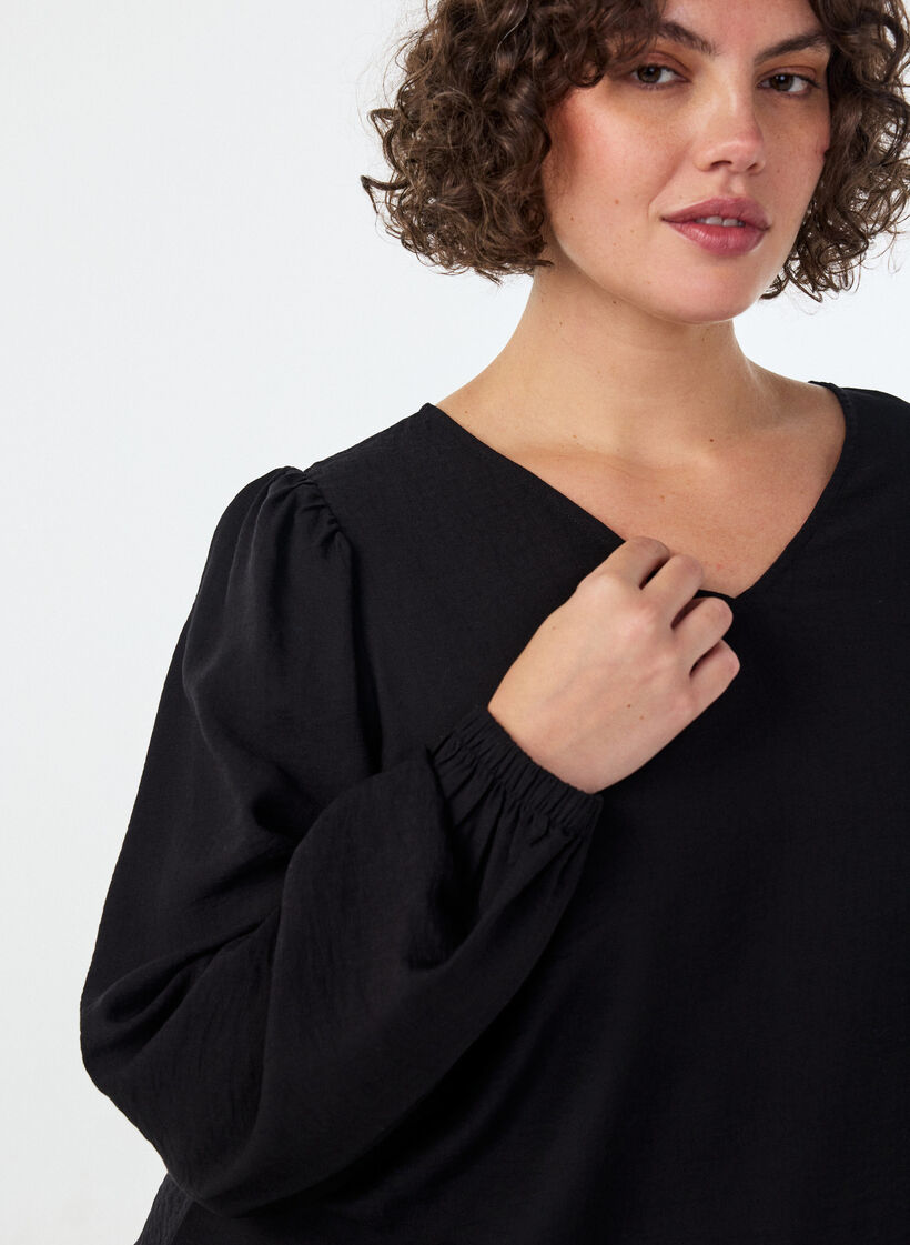 Viscose blouse met V-hals en ballonvormig silhouet, Zwart, Model image number 3