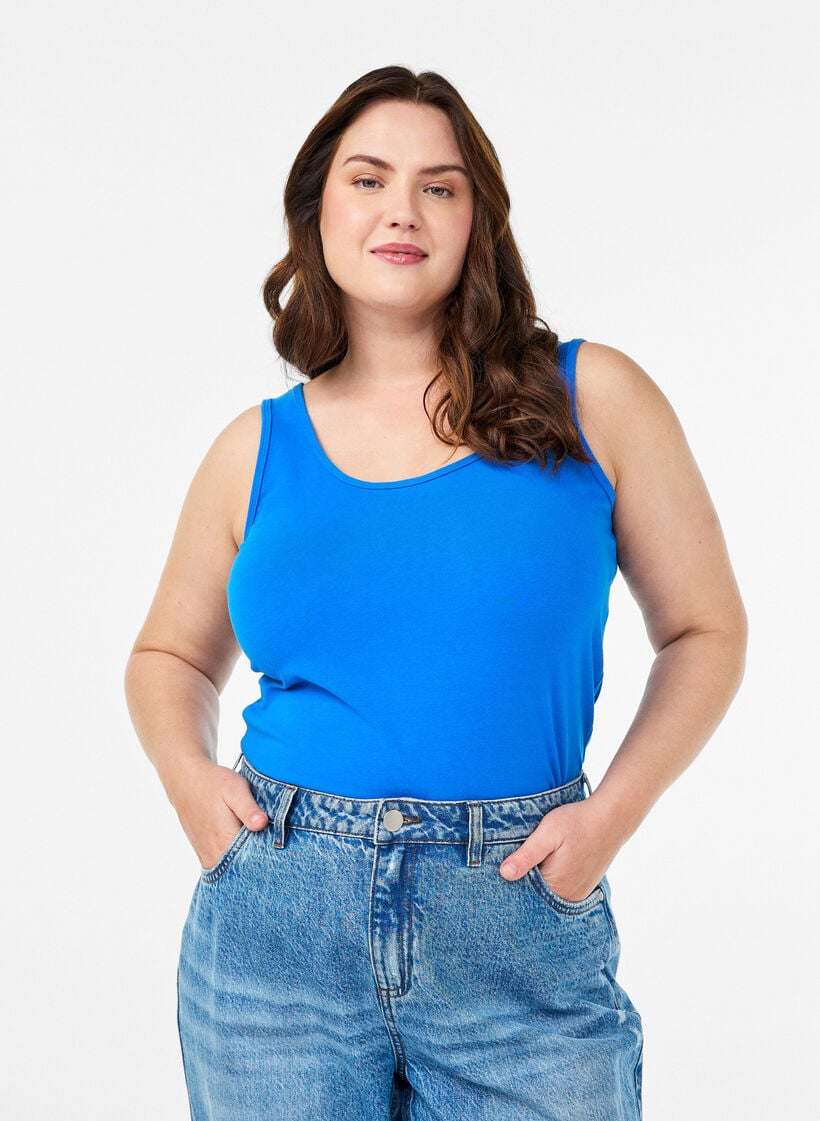 Solide kleur basis top in katoen, Blauw, Model image number 0