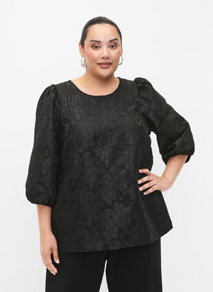 Jacquard blouse met 3/4 mouwen, Black, Model image number 0