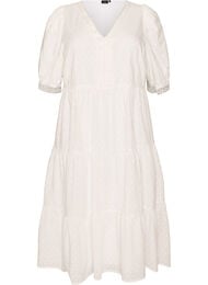 Midi-jurk van gestructureerd katoen met crochet details, Wit