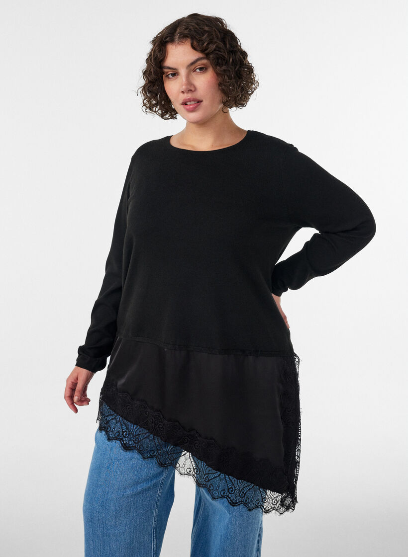 Gebreide blouse met gelaagd effect en kanten rand, Zwart, Model image number 0