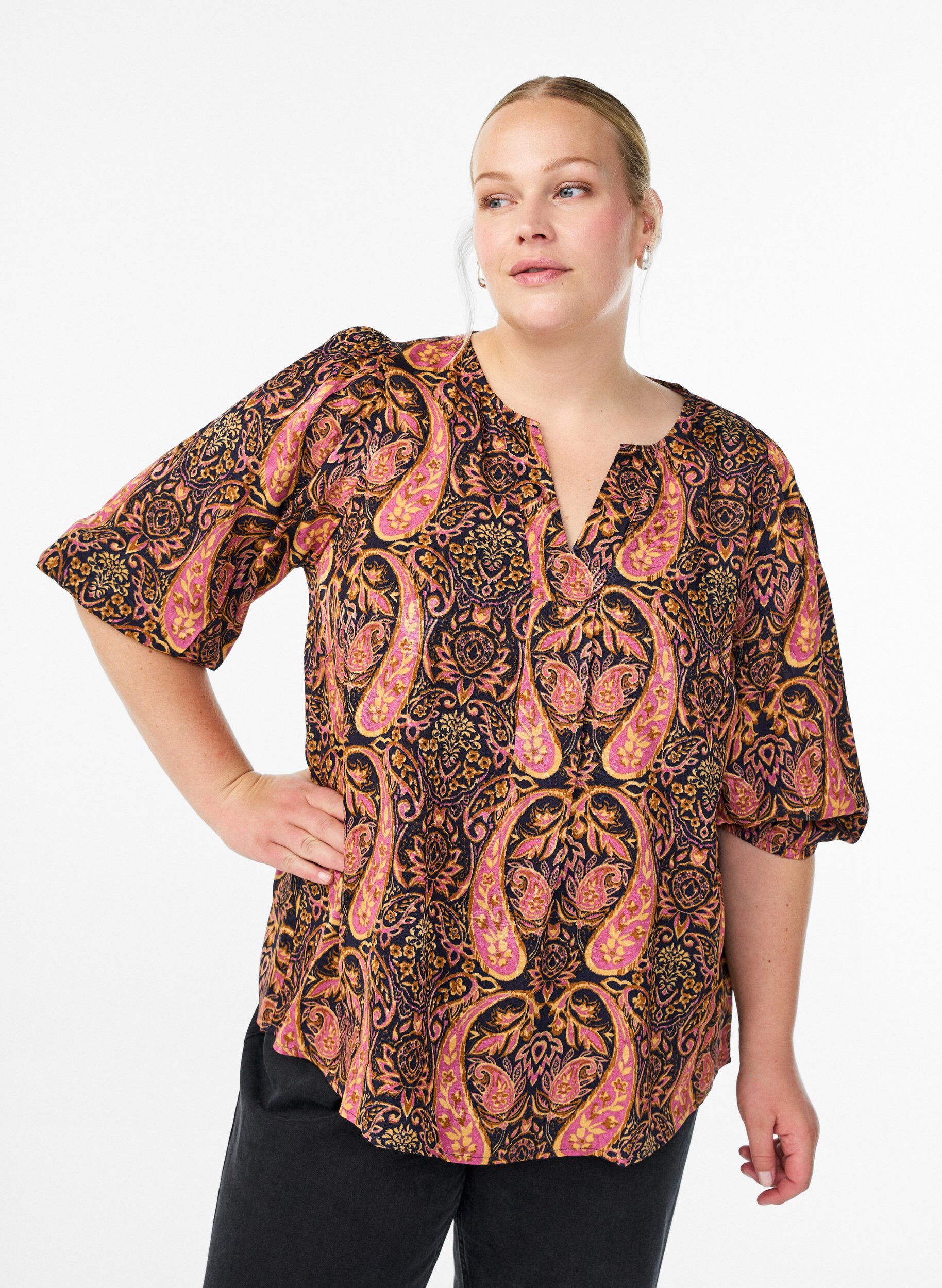 Blouse met paisley print en 3/4 mouwen, Blauw, Model