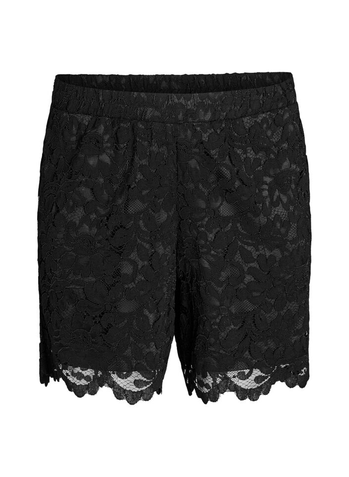 Kanten shorts met hoge taille en zakken, Zwart, Packshot image number 0