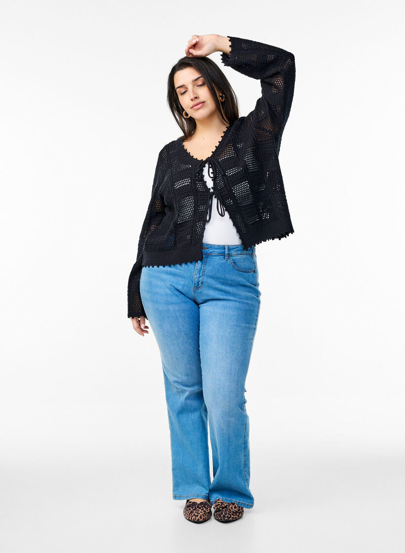 Gebreide cardigan met strikjes en een opengewerkt patroon, Zwart, Model image number 1