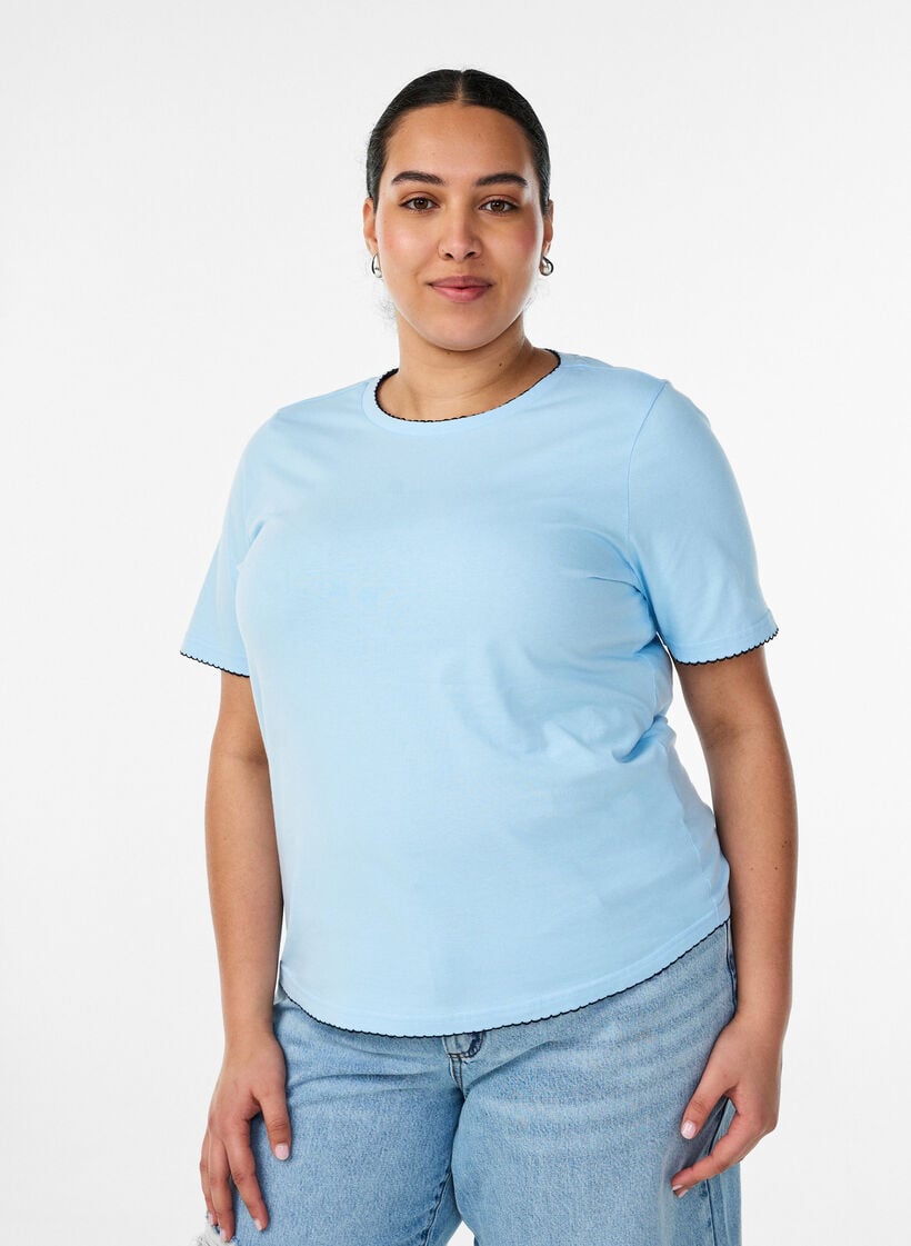 Katoenen T-shirt met golvende contrasterende randen, Blauw, Model image number 0