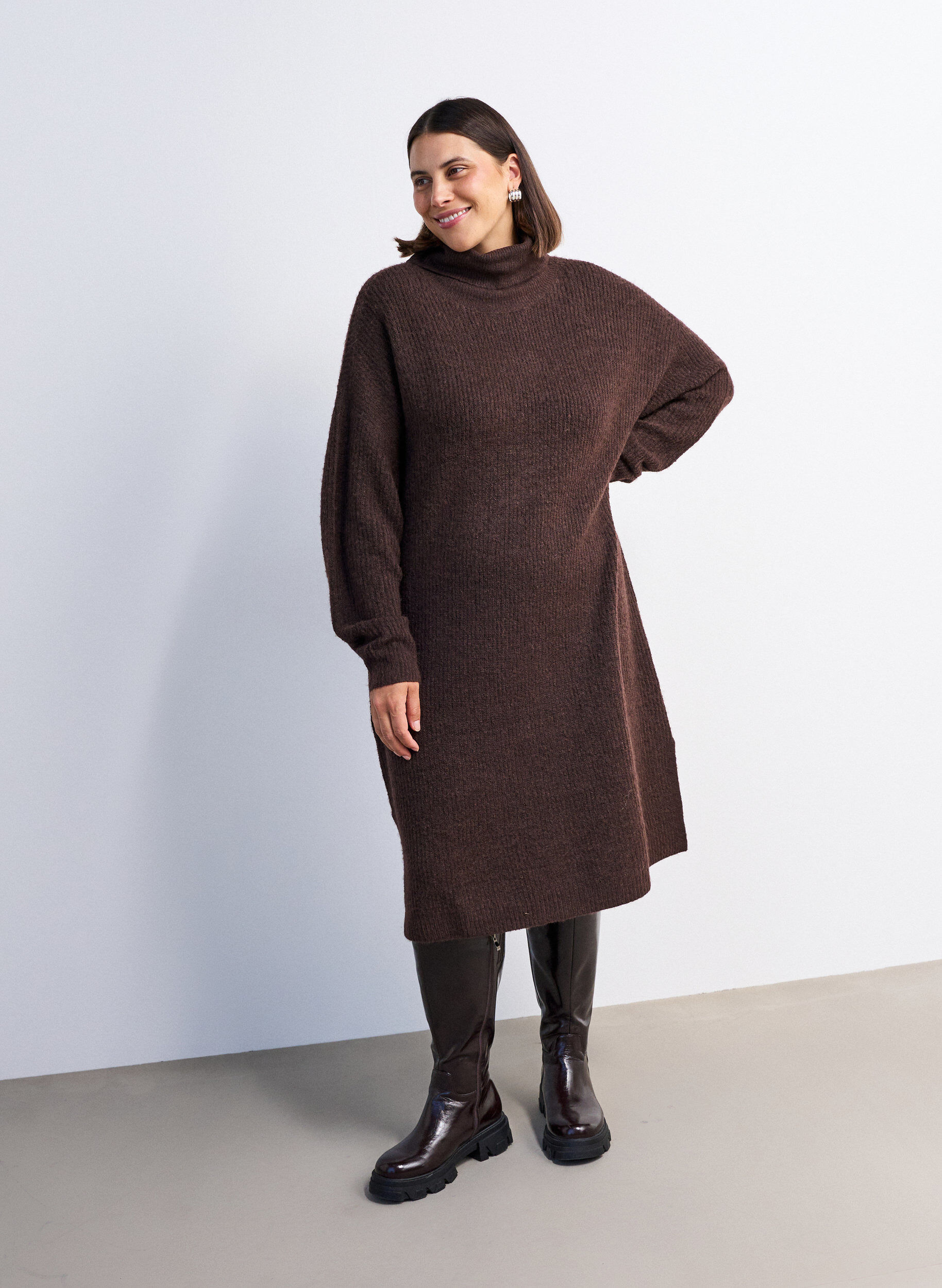 ZizziGebreide jurk met col, Bruin, Model image number 0