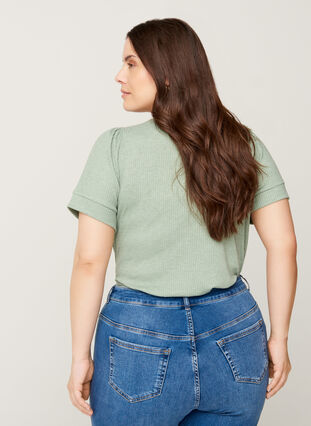 T-shirt met korte mouwen in rib en viscosemix, Lily Pad, Model image number 1