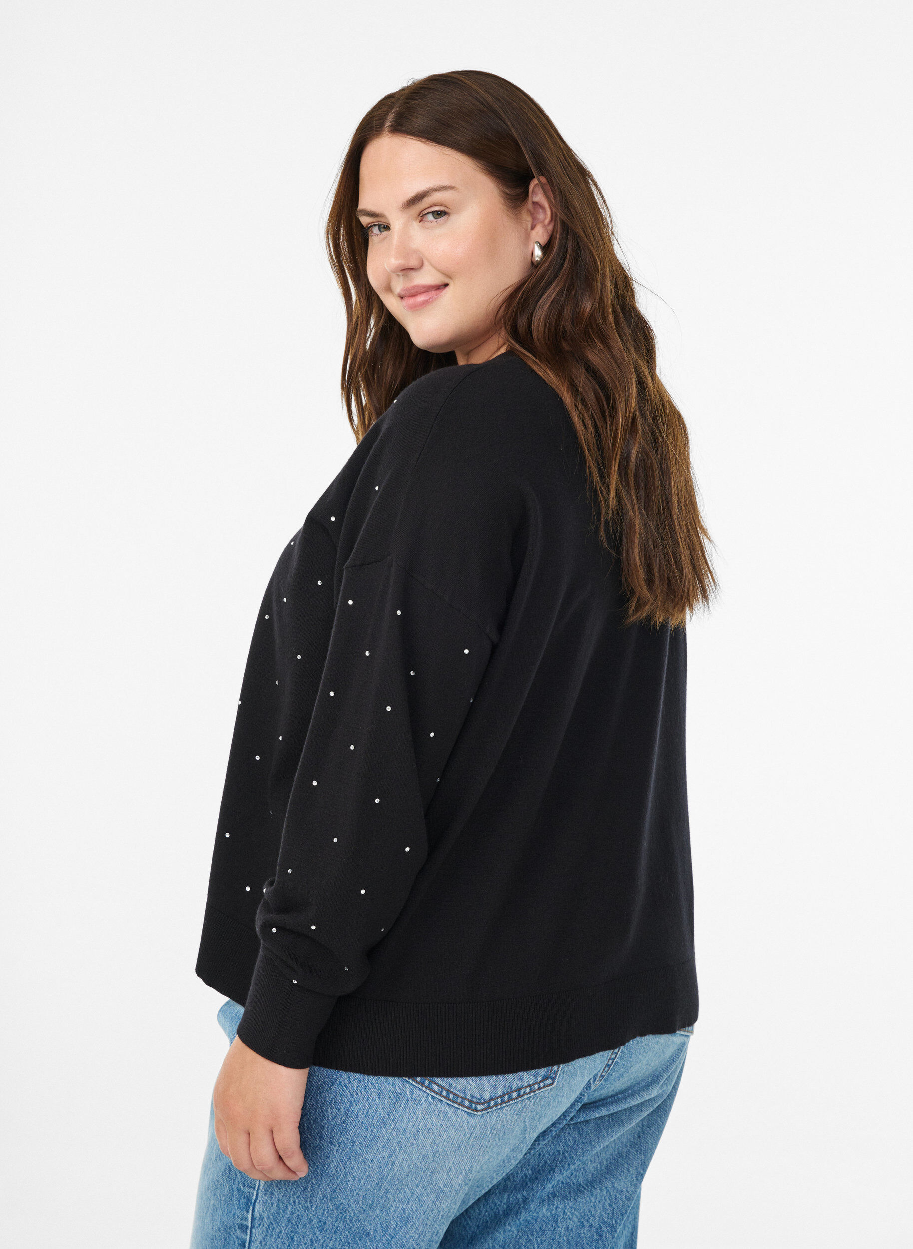 Zizzi Losse breisel blouse met rhinestones, Zwart, Model image number 2