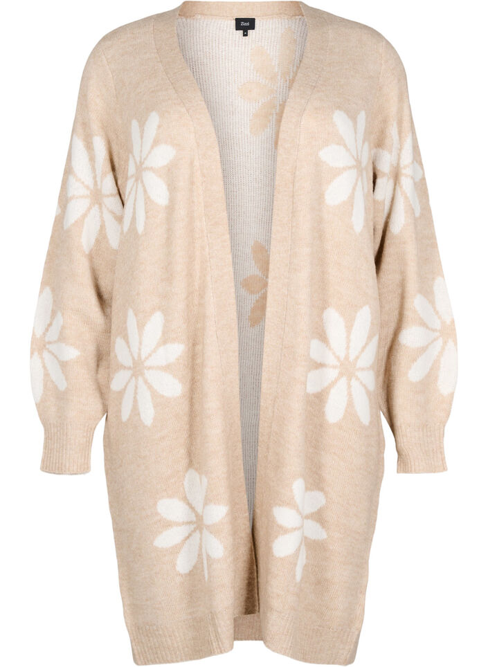 Lange cardigan met bloemen breisel, Simply Taupe Comb, Packshot image number 0