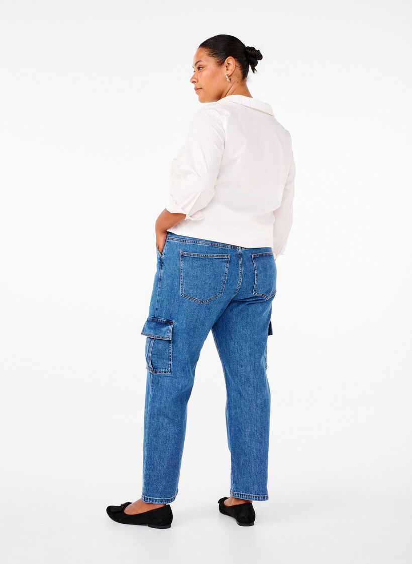 Cargo jeans met hoge taille, Blue Denim, Model image number 1