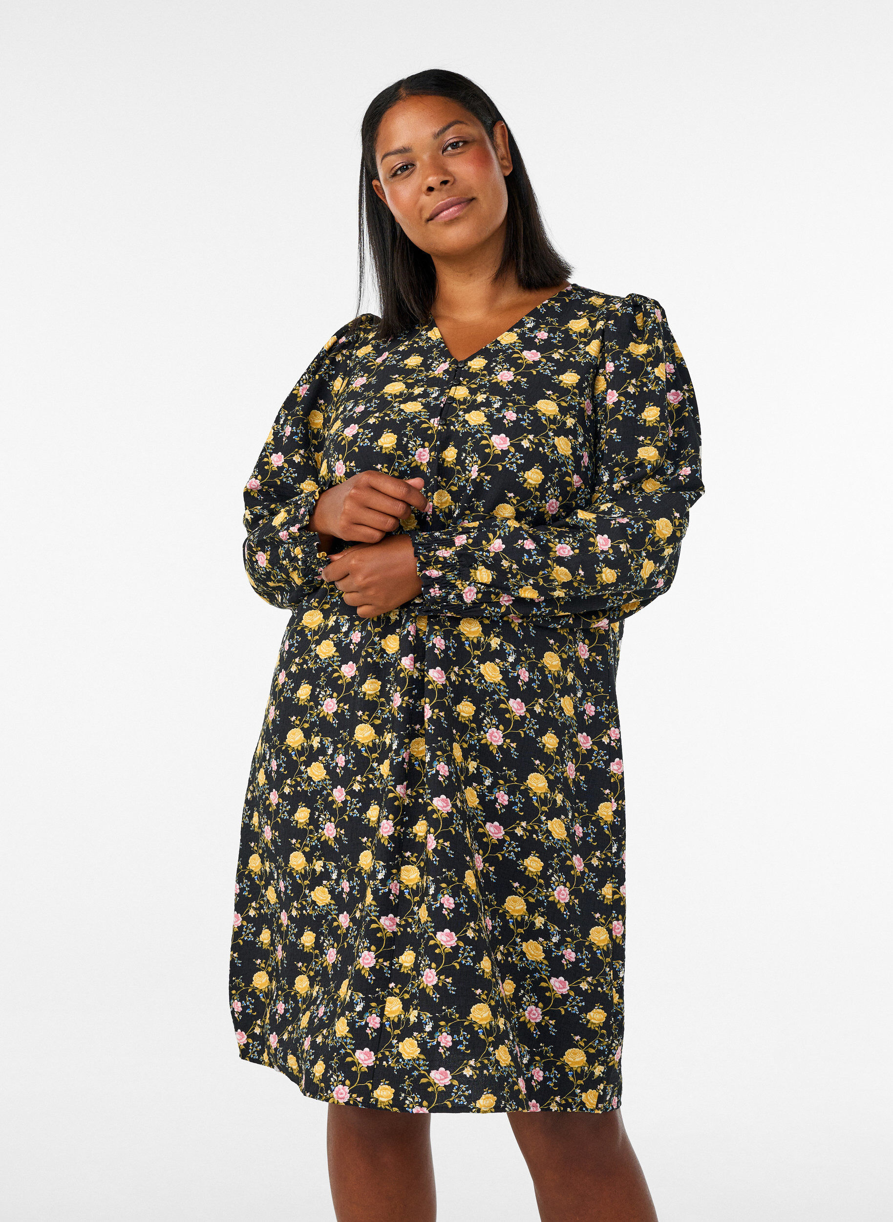 ZizziJurk van viscose met patroon en lange mouwen, Zwart, Model image number 0