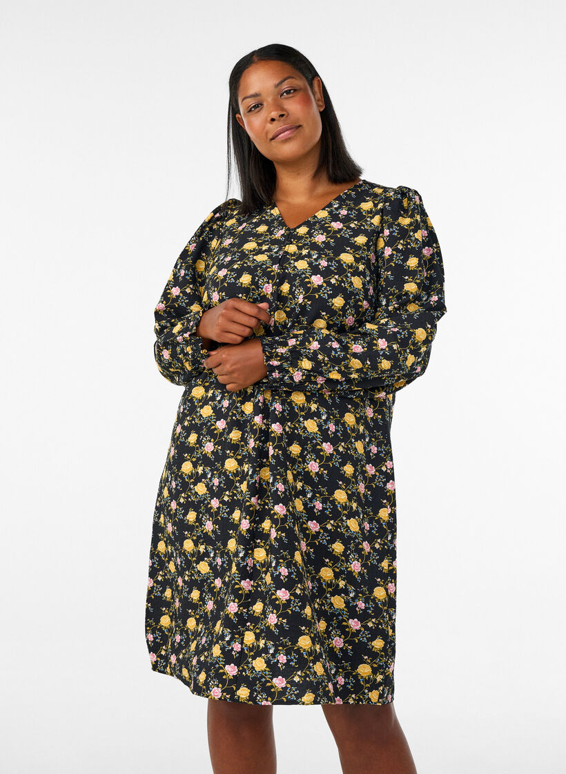 Jurk van viscose met patroon en lange mouwen, Zwart, Model image number 0