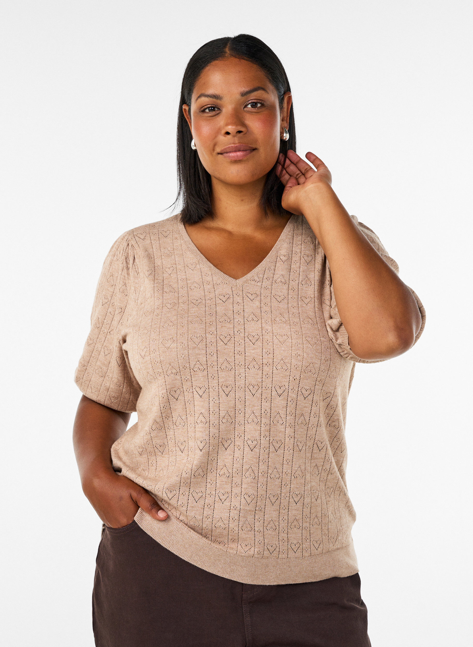 ZizziGebreide blouse met korte mouwen en pointellepatroon, Beige, Model image number 0