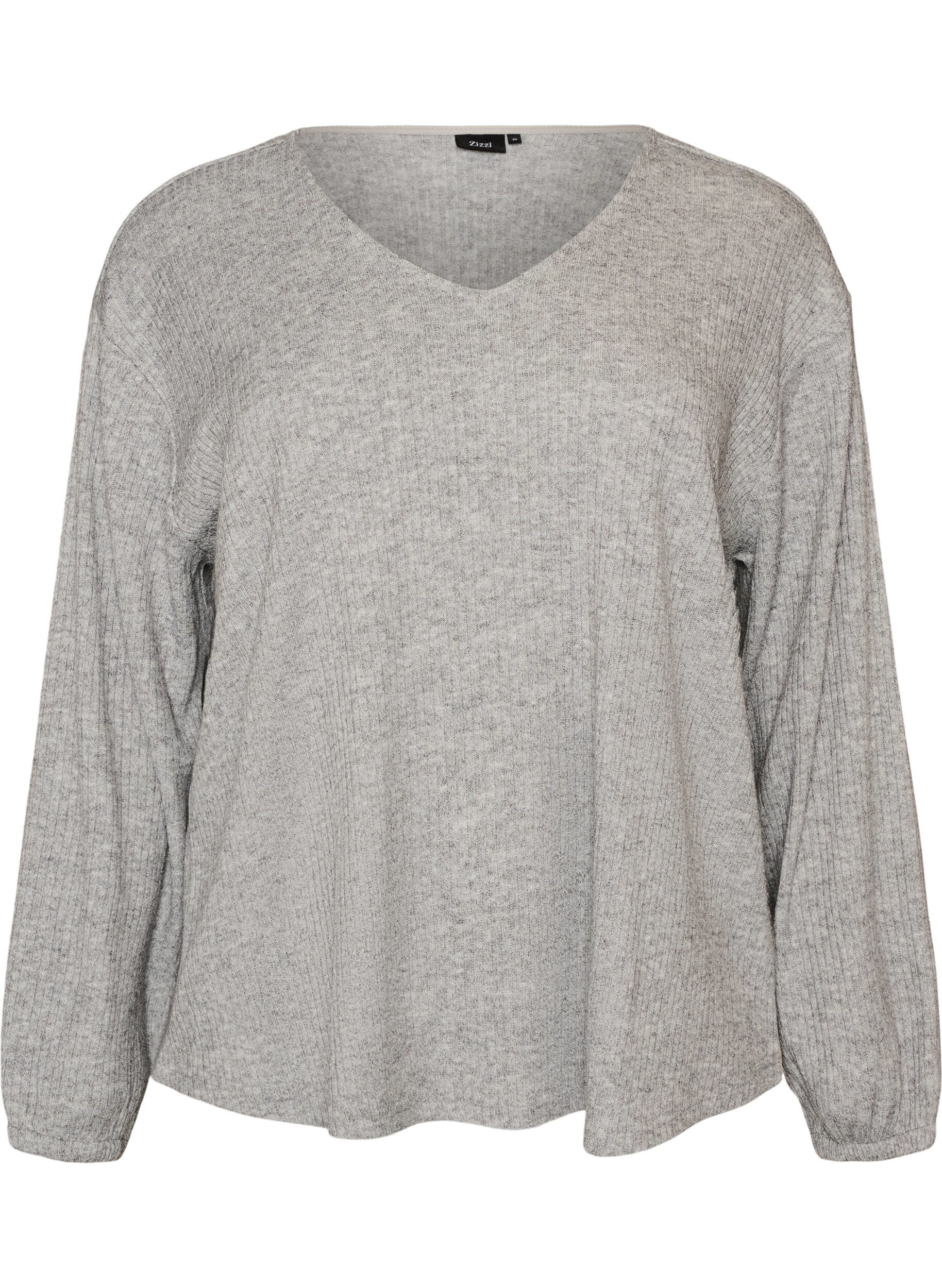 ZizziJersey blouse met geribde textuur en V-hals, Grijs, Packshot image number 0