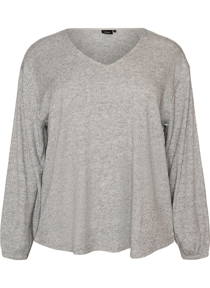 Jersey blouse met geribde textuur en V-hals, Grijs, Packshot image number 0