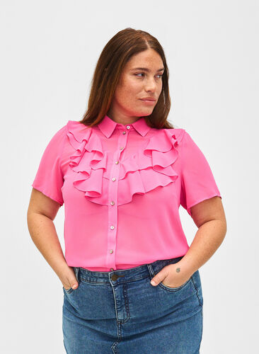 Overhemdblouse met korte mouwen en ruches, Pink Power, Model image number 0