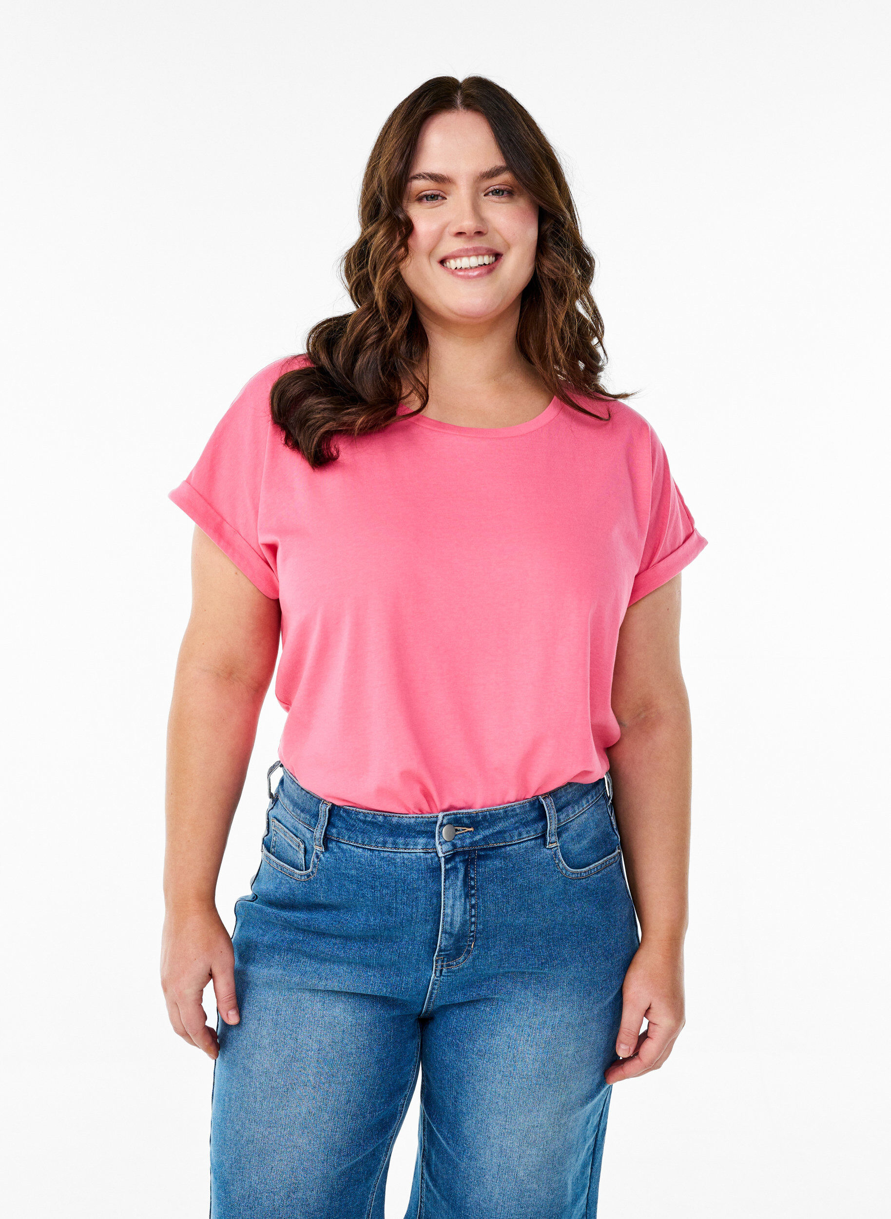 Zizzi T-shirt met korte mouwen van katoenmix, Roze, Model image number 0