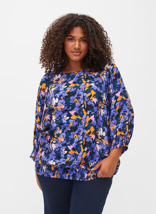 Gebloemde viscose blouse met smok, Purple Flower AOP, Model image number 0