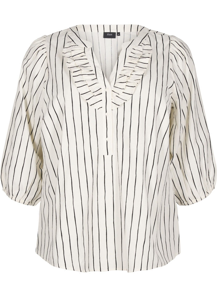 Katoenen blouse met 3/4 mouwen en strepen, Eggnog Black Stripe, Packshot image number 0