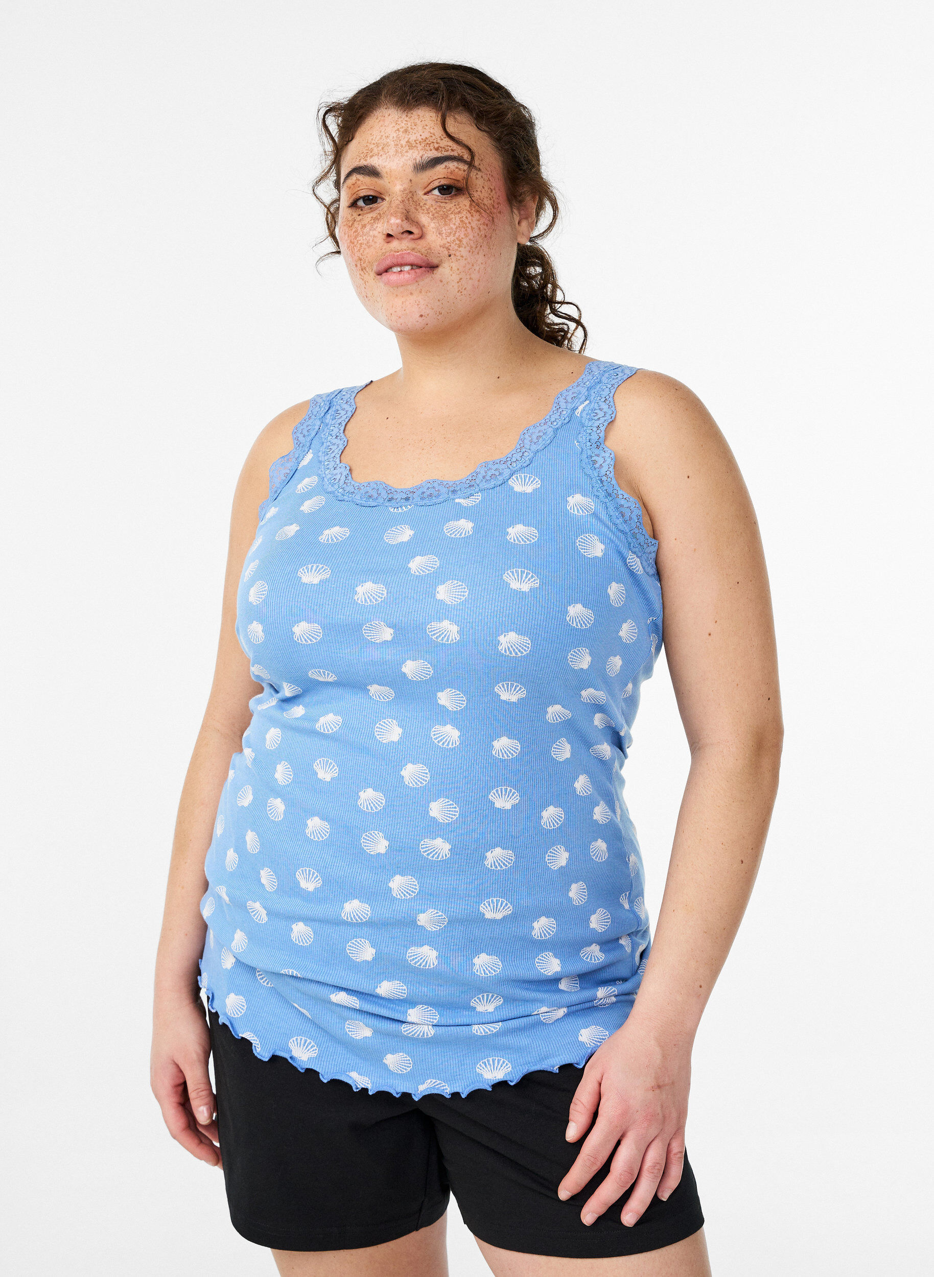 Top met print en kanten rand, Blauw, Model